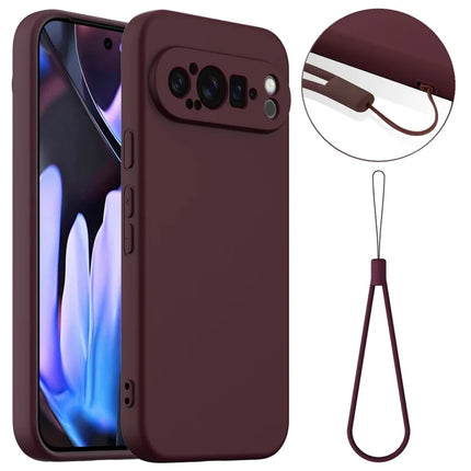 For Google Pixel 9 Pro XL Case Compatible with MagSafe Liquid Silicone Phone Cover with Lanyard - Wine Red