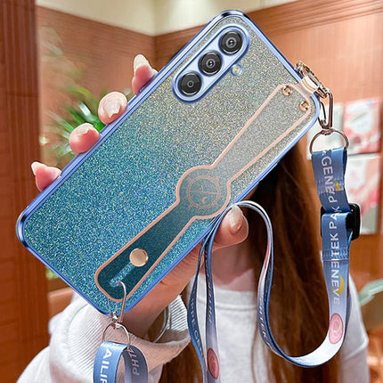 For Samsung Galaxy A16 5G  /  4G Case Electroplated Glitter Hand Strap Kickstand TPU Back Cover with Shoulder Strap - Blue