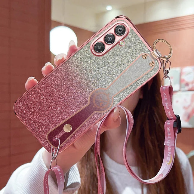 For Samsung Galaxy A55 5G Case Electroplated Glitter Hand Strap Kickstand TPU Back Cover with Shoulder Strap - Pink