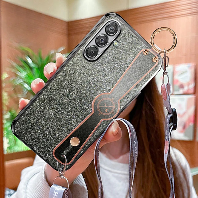 For Samsung Galaxy A55 5G Case Electroplated Glitter Hand Strap Kickstand TPU Back Cover with Shoulder Strap - Black