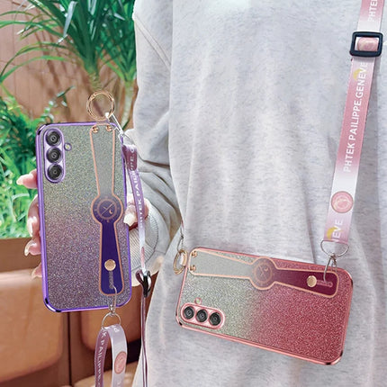 For Samsung Galaxy A55 5G Case Electroplated Glitter Hand Strap Kickstand TPU Back Cover with Shoulder Strap