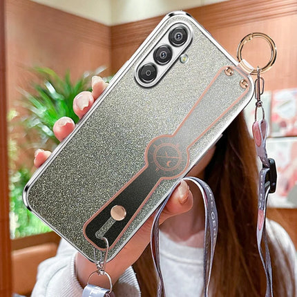 For Samsung Galaxy A55 5G Case Electroplated Glitter Hand Strap Kickstand TPU Back Cover with Shoulder Strap - Silver