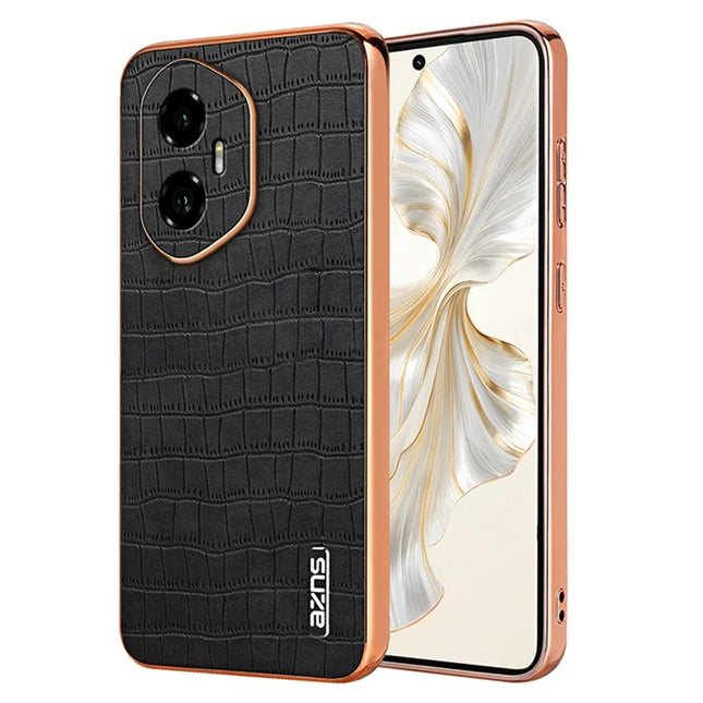 AZNS For Honor 300 Case Electroplating Crocodile Texture PU + TPU Phone Cover - Black