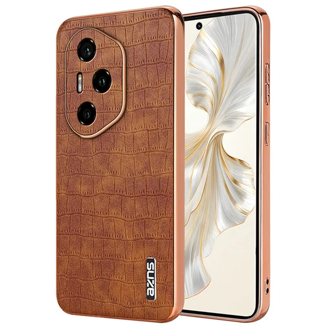 AZNS For Honor 300 Pro Case Electroplating Crocodile Texture PU + TPU Phone Cover - Brown