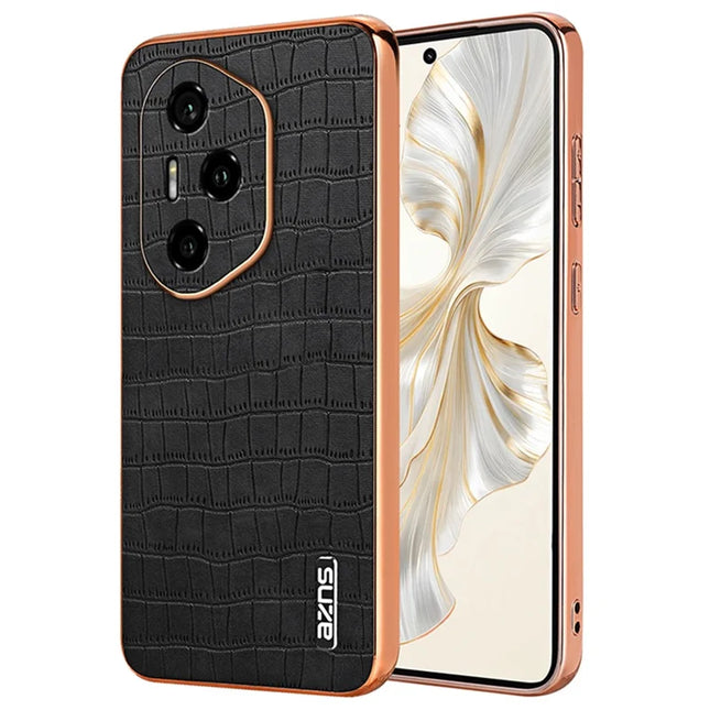 AZNS For Honor 300 Pro Case Electroplating Crocodile Texture PU + TPU Phone Cover - Black
