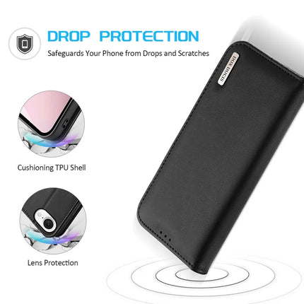 For iPhone 16e Case DUX DUCIS Hivo Series Cowhide Leather RFID Blocking Wallet Stand Flip Phone Cover