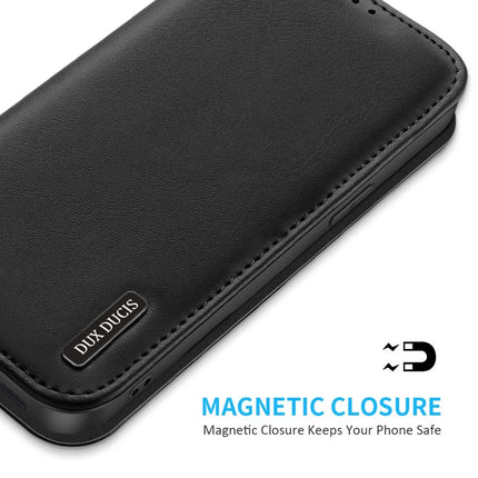 For iPhone 16e Case DUX DUCIS Hivo Series Cowhide Leather RFID Blocking Wallet Stand Flip Phone Cover