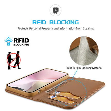 For iPhone 16e Case DUX DUCIS Hivo Series Cowhide Leather RFID Blocking Wallet Stand Flip Phone Cover