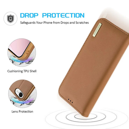 For iPhone 16e Case DUX DUCIS Hivo Series Cowhide Leather RFID Blocking Wallet Stand Flip Phone Cover
