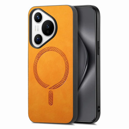 For Huawei Pura 70 Leather Back Case Compatible with MagSafe Skin-touch Phone Cover - Yellow