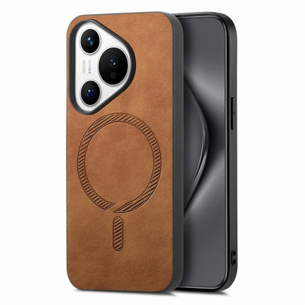 For Huawei Pura 70 Leather Back Case Compatible with MagSafe Skin-touch Phone Cover - Brown