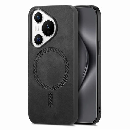 For Huawei Pura 70 Leather Back Case Compatible with MagSafe Skin-touch Phone Cover - Black