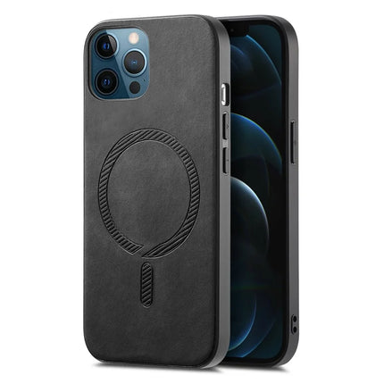 For iPhone 12 Pro Max 6.7 inch Leather Back Case Compatible with MagSafe Skin-touch Phone Cover - Black