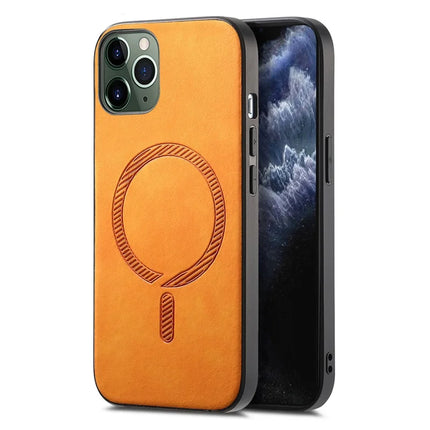 For iPhone 11 Pro Max Leather Back Case Compatible with MagSafe Skin-touch Phone Cover - Yellow