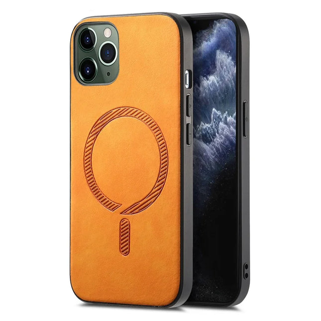 For iPhone 11 Pro Max Leather Back Case Compatible with MagSafe Skin-touch Phone Cover - Yellow