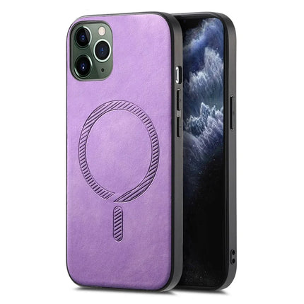 For iPhone 11 Pro Max Leather Back Case Compatible with MagSafe Skin-touch Phone Cover - Purple
