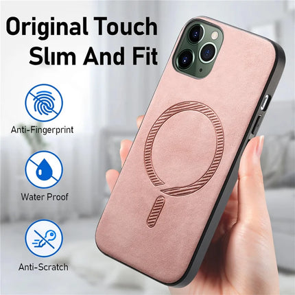 For iPhone 11 Pro Max Leather Back Case Compatible with MagSafe Skin-touch Phone Cover
