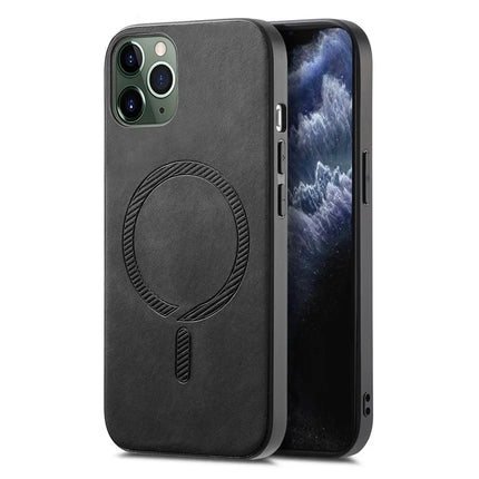 For iPhone 11 Pro Max Leather Back Case Compatible with MagSafe Skin-touch Phone Cover - Black