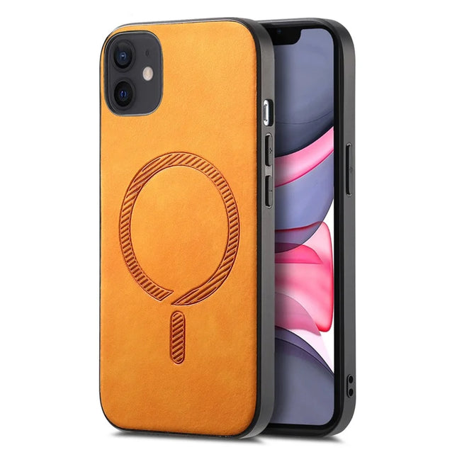 For iPhone 11 Leather Back Case Compatible with MagSafe Skin-touch Phone Cover - Yellow
