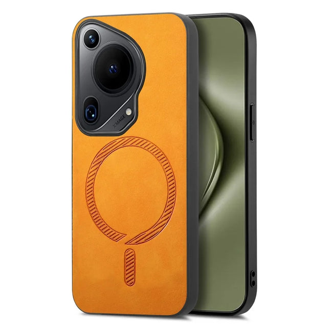For Huawei Pura 70 Ultra Leather Back Case Compatible with MagSafe Skin-touch Phone Cover - Yellow
