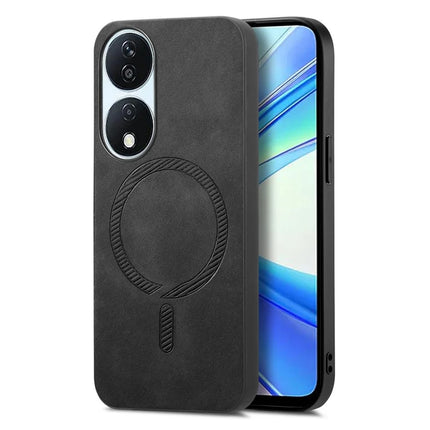 For Honor X7b 5G Leather Back Case Compatible with MagSafe Skin-touch Phone Cover - Black