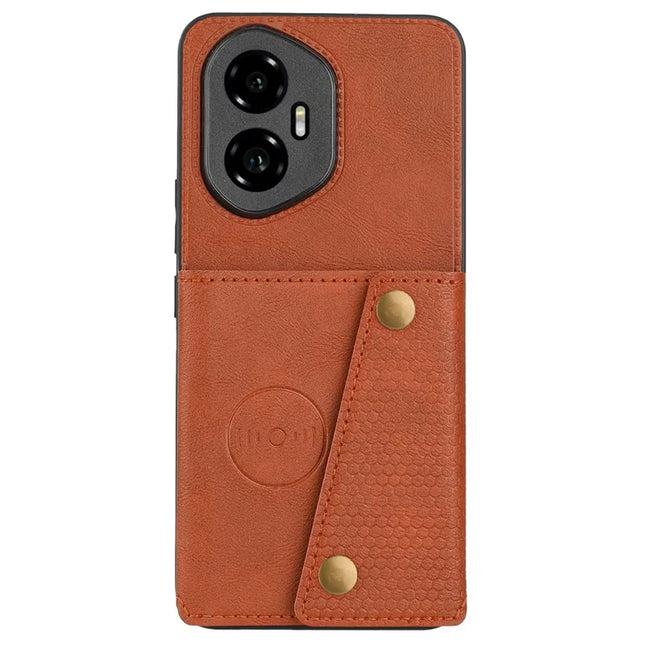 For Honor 300 Case with Card Slots Kickstand Leather + TPU Phone Cover - Brown