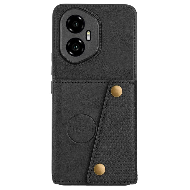 For Honor 300 Case with Card Slots Kickstand Leather + TPU Phone Cover - Black