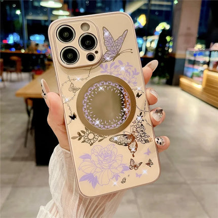 For iPhone 15 Pro Max Case Compatible with MagSafe TPU + PC Phone Cover Flower Butterfly Pattern
