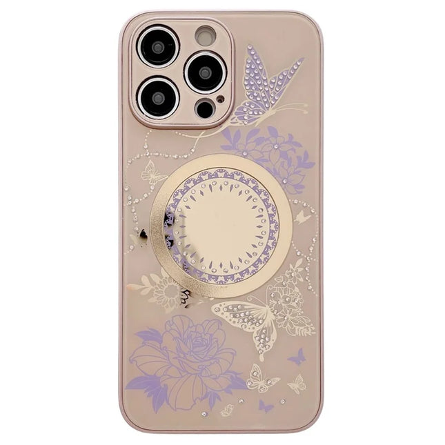 For iPhone 15 Pro Max Case Compatible with MagSafe TPU + PC Phone Cover Flower Butterfly Pattern - Brown / Purple
