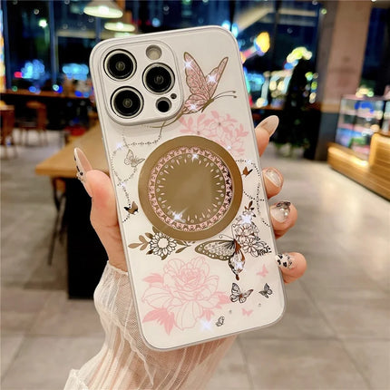 For iPhone 15 Pro Max Case Compatible with MagSafe TPU + PC Phone Cover Flower Butterfly Pattern