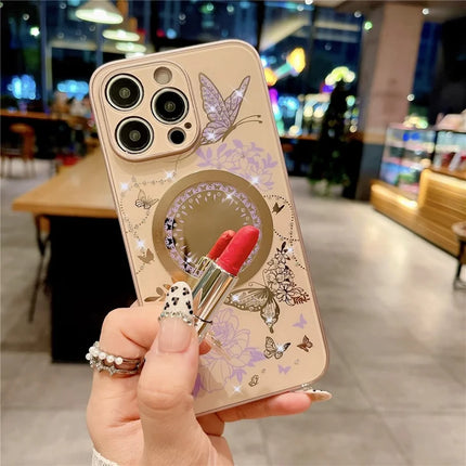 For iPhone 15 Pro Max Case Compatible with MagSafe TPU + PC Phone Cover Flower Butterfly Pattern