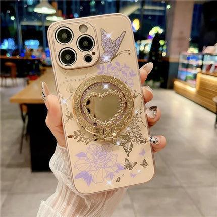 For iPhone 15 Pro Max Magnetic Case Heart Shape Kickstand TPU + PC Phone Cover Flower Butterfly Pattern