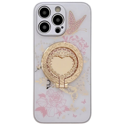 For iPhone 15 Pro Max Magnetic Case Heart Shape Kickstand TPU + PC Phone Cover Flower Butterfly Pattern - White / Pink