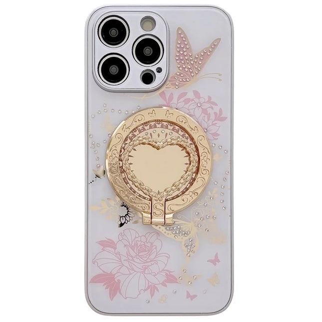 For iPhone 15 Pro Max Magnetic Case Heart Shape Kickstand TPU + PC Phone Cover Flower Butterfly Pattern - White / Pink