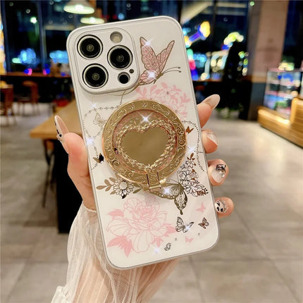 For iPhone 15 Pro Max Magnetic Case Heart Shape Kickstand TPU + PC Phone Cover Flower Butterfly Pattern