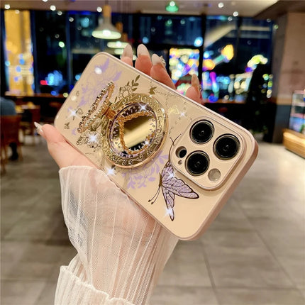 For iPhone 15 Pro Max Magnetic Case Heart Shape Kickstand TPU + PC Phone Cover Flower Butterfly Pattern