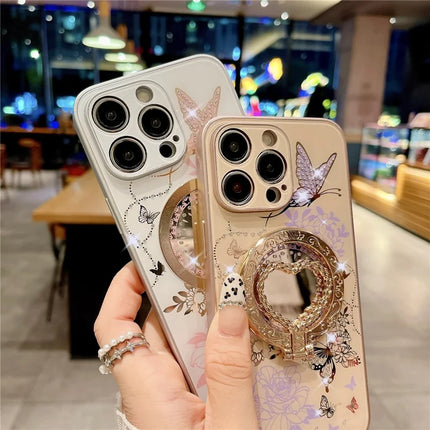 For iPhone 15 Pro Max Magnetic Case Heart Shape Kickstand TPU + PC Phone Cover Flower Butterfly Pattern