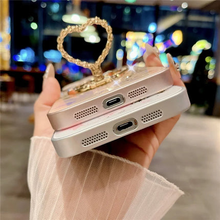 For iPhone 15 Pro Max Magnetic Case Heart Shape Kickstand TPU + PC Phone Cover Flower Butterfly Pattern