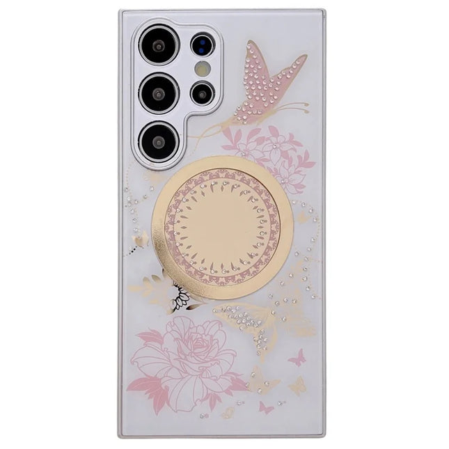 For Samsung Galaxy S23 Ultra Case Compatible with MagSafe TPU + PC Phone Cover Flower Butterfly Pattern - White / Pink