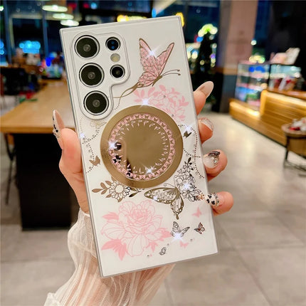 For Samsung Galaxy S23 Ultra Case Compatible with MagSafe TPU + PC Phone Cover Flower Butterfly Pattern