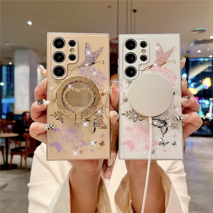 For Samsung Galaxy S23 Ultra Case Compatible with MagSafe TPU + PC Phone Cover Flower Butterfly Pattern