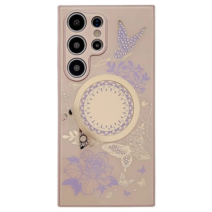 For Samsung Galaxy S23 Ultra Case Compatible with MagSafe TPU + PC Phone Cover Flower Butterfly Pattern - Brown / Purple