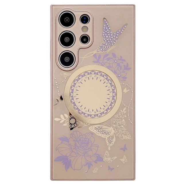 For Samsung Galaxy S23 Ultra Case Compatible with MagSafe TPU + PC Phone Cover Flower Butterfly Pattern - Brown / Purple
