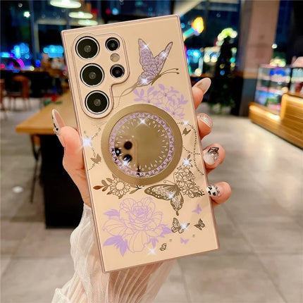 For Samsung Galaxy S23 Ultra Case Compatible with MagSafe TPU + PC Phone Cover Flower Butterfly Pattern