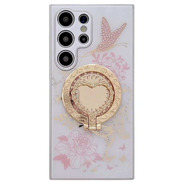 For Samsung Galaxy S23 Ultra Magnetic Case Heart Shape Kickstand TPU + PC Phone Cover Flower Butterfly Pattern - White / Pink