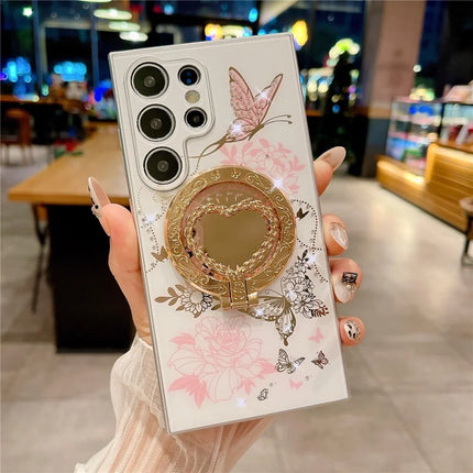 For Samsung Galaxy S23 Ultra Magnetic Case Heart Shape Kickstand TPU + PC Phone Cover Flower Butterfly Pattern