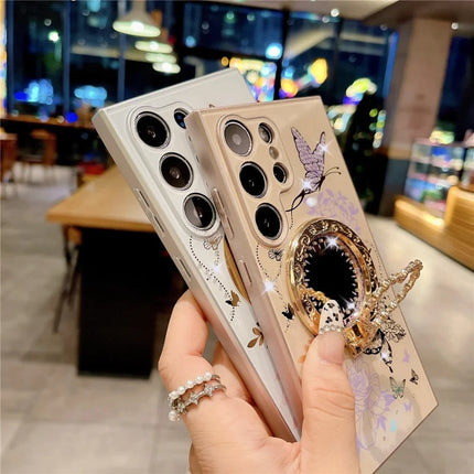 For Samsung Galaxy S23 Ultra Magnetic Case Heart Shape Kickstand TPU + PC Phone Cover Flower Butterfly Pattern
