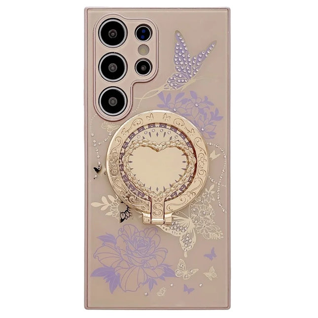 For Samsung Galaxy S23 Ultra Magnetic Case Heart Shape Kickstand TPU + PC Phone Cover Flower Butterfly Pattern - Brown / Purple