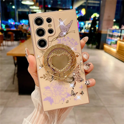 For Samsung Galaxy S23 Ultra Magnetic Case Heart Shape Kickstand TPU + PC Phone Cover Flower Butterfly Pattern