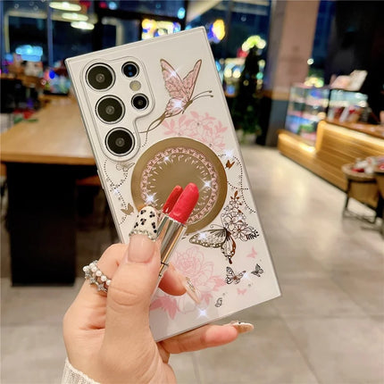 For Samsung Galaxy S23 Ultra Magnetic Case Heart Shape Kickstand TPU + PC Phone Cover Flower Butterfly Pattern